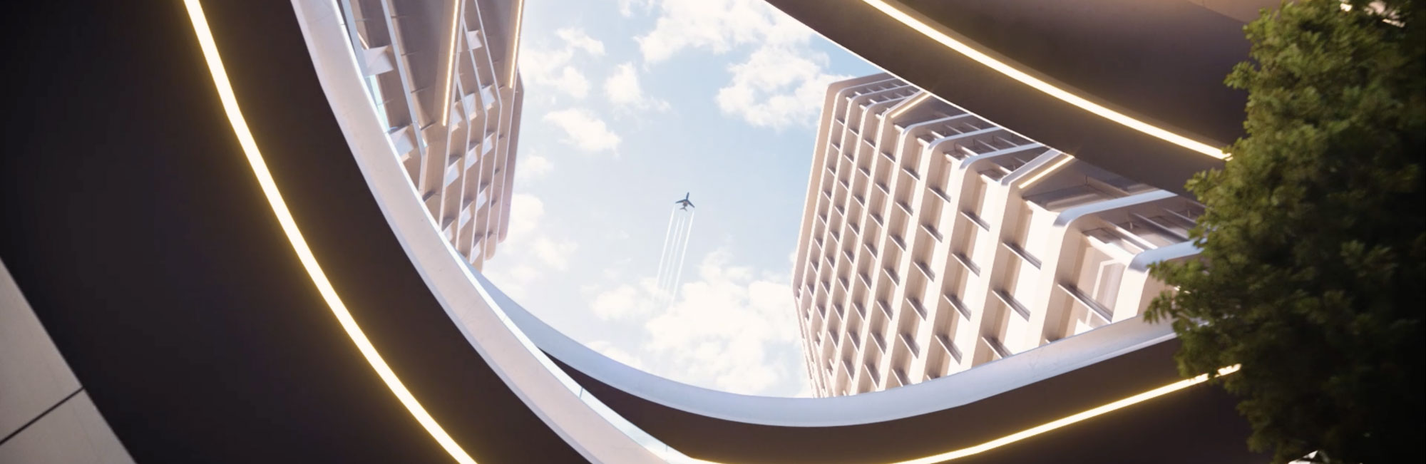 Airplane seen through curves of an office building