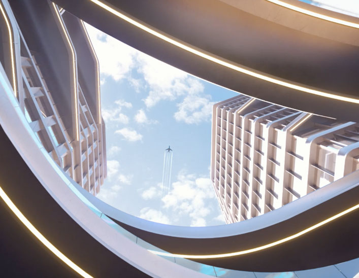 Airplane seen through curves of an office building